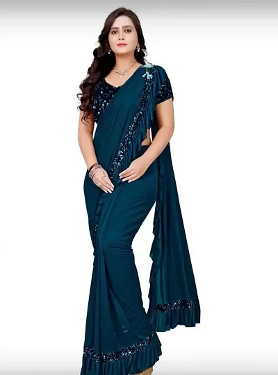 Beautiful Lycra Blend Embellished Saree With Blouse Piece For Women