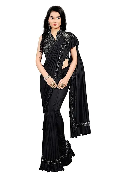 Beautiful Lycra Blend Embellished Saree With Blouse Piece For Women