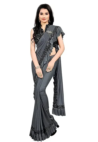 Beautiful Lycra Blend Embellished Saree With Blouse Piece For Women