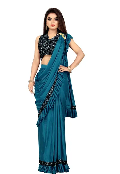 Stylish Lycra Blend Sequence Lace Border Saree With Blouse Piece