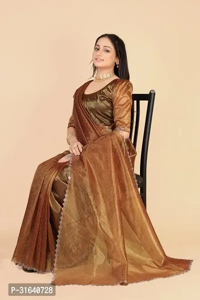 Elegant Brown Silk Blend Saree with Blouse piece For Women-thumb3