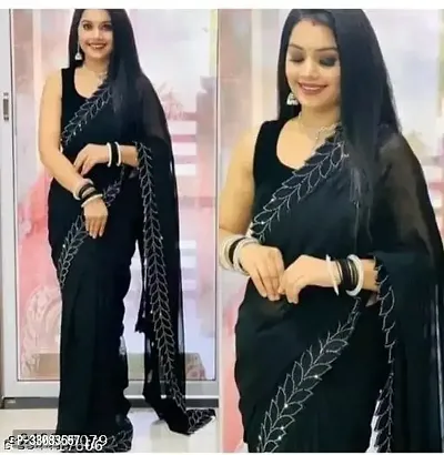 Elegant Black Georgette Saree with Blouse piece For Women-thumb0