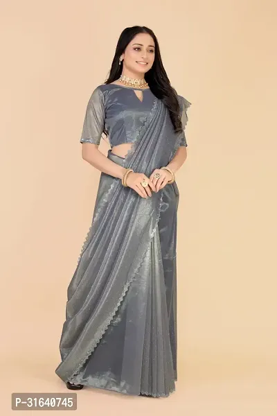 Elegant Grey Silk Blend Saree with Blouse piece For Women-thumb3