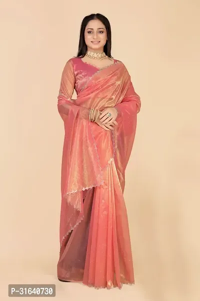 Elegant Pink Silk Blend Saree with Blouse piece For Women-thumb2