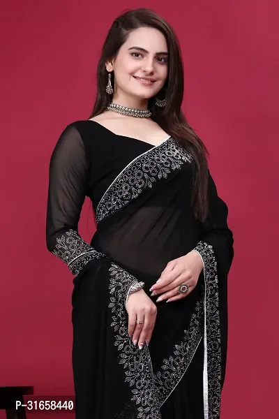 Stylish Black Georgette Embellished Saree with Blouse piece For Women-thumb0