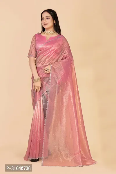 Elegant Pink Silk Blend Saree with Blouse piece For Women-thumb0