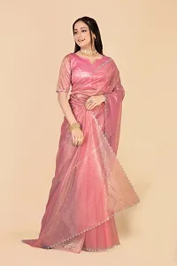 Elegant Pink Silk Blend Saree with Blouse piece For Women-thumb1