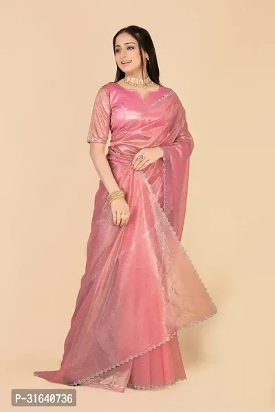 Elegant Pink Silk Blend Saree with Blouse piece For Women-thumb2