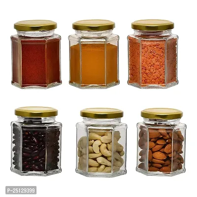 Hexa Shape Glass Jar with Air Tight Gold Metal Cap, 200 ml, Set of 6