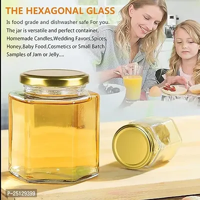 Hexa Shape Glass Jar with Air Tight Gold Metal Cap, 200 ml, Set of 6-thumb4