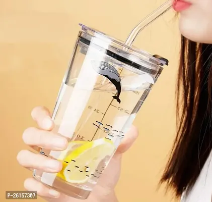 1Pcs Glass Mug 400ml Cartoon Pattern Multipurpose Drinking Glass Measuring Mug/Cup with Straw and Lid Drink for Milk,Tea,Coffee,Juice, Cup  Mug- Random Design (pack Of 1 )-thumb0