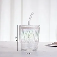 Glass Tumblers with Straws and Lids, Aesthetic Coffee Sipper Mug with Wide Mouth,Rainbow Glass Drinking Mason for Iced Tea, Juice, Cocktail, Cold  Hot Beverages Cups Pack of 1 (RAINBOW STRIPE)-thumb2