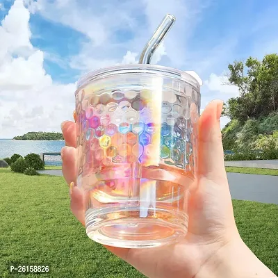 380ml Glass Tumblers with Straws and Lids, Aesthetic Coffee Sipper Mug with Wide Mouth,Rainbow Glass Drinking Mason for Iced Tea, Juice, Cocktail, Cold  Hot Beverages Cups Pack of 1 (RAINBOW BUBBLE)