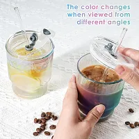 380ml Glass Tumblers with Straws and Lids, Aesthetic Coffee Sipper Mug with Wide Mouth,Rainbow Glass Drinking Mason for Iced Tea, Juice, Cocktail, Cold  Hot Beverages Cups Pack of 1 (RAINBOW BUBBLE)-thumb3