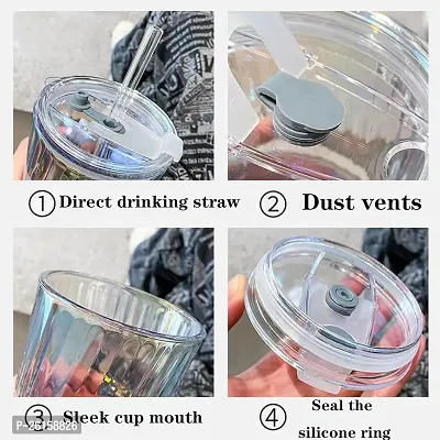 380ml Glass Tumblers with Straws and Lids, Aesthetic Coffee Sipper Mug with Wide Mouth,Rainbow Glass Drinking Mason for Iced Tea, Juice, Cocktail, Cold  Hot Beverages Cups Pack of 1 (RAINBOW BUBBLE)-thumb2