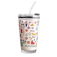 Random Cartoon Pattern Multipurpose Measuring Mug/Cup with Silicone Straw and Glass Lid Milk Tea Coffee Juice Thick Shake Cup  Mug 370ml (Set of 1)-thumb2