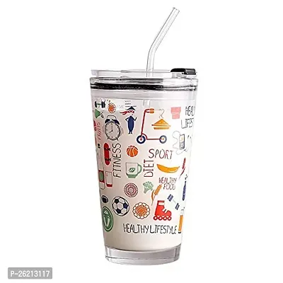 Random Cartoon Pattern Multipurpose Measuring Mug/Cup with Silicone Straw and Glass Lid Milk Tea Coffee Juice Thick Shake Cup  Mug 370ml (Set of 1)-thumb3