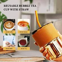 Glass Reusable Sipper Bottle with Leather Sleeve Glass Coffee Mug with Silicone Straw and Leakproof Lid Tumbler - 380ml (Brown)-thumb2