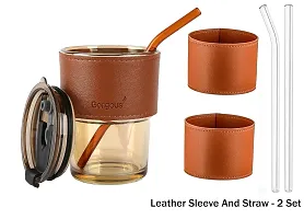 Glass Reusable Sipper Bottle with Leather Sleeve Glass Coffee Mug with Silicone Straw and Leakproof Lid Tumbler - 380ml (Brown)-thumb1