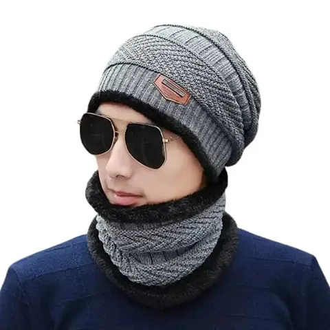 CPG SOFT Fur Cap with Neck Scarf, Unisex Winter Woolen Beanie Cap and Stylish Neck Warmer Combo Set, Snow Proof with Inside Soft Warm Fur Knit Hat Scarf for Men & Women (Free Size) Cap