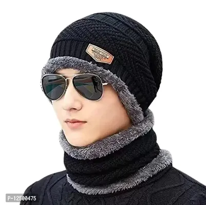 CPG SOFT Fur Cap with Neck Scarf, Unisex Winter Woolen Beanie Cap and Stylish Neck Warmer Combo Set, Snow Proof with Inside Soft Warm Fur Knit Hat Scarf for Men & Women (Free Size) Cap (Black)-thumb0