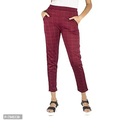 Jeggings for Women/Girls Stretchable Formals/Casual Check Lycra Checks Free Size Waist 26-30 Red-thumb0