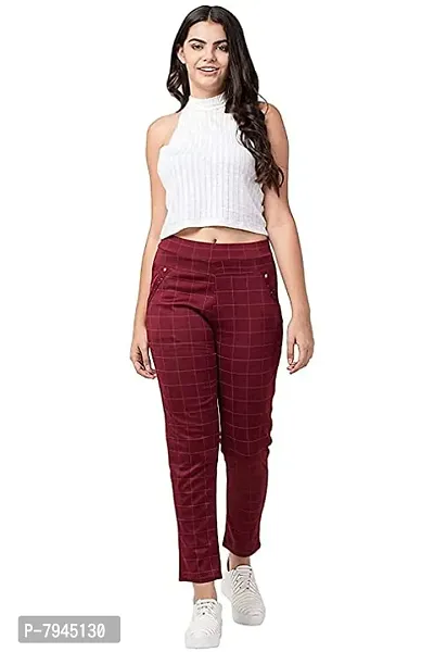 Jeggings for Women/Girls Stretchable Formals/Casual Check Lycra Checks Free Size Waist 26-30 Red-thumb2