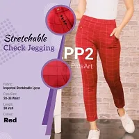 Jeggings for Women/Girls Stretchable Formals/Casual Check Lycra Checks Free Size Waist 26-30 Red-thumb2