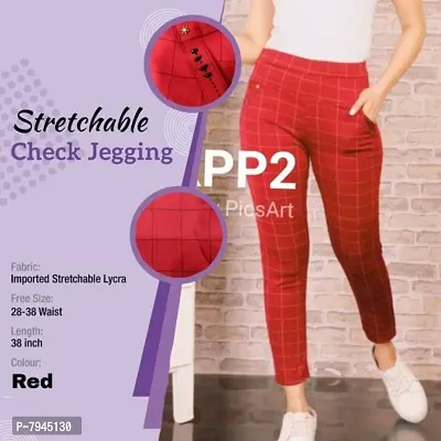 Jeggings for Women/Girls Stretchable Formals/Casual Check Lycra Checks Free Size Waist 26-30 Red-thumb3