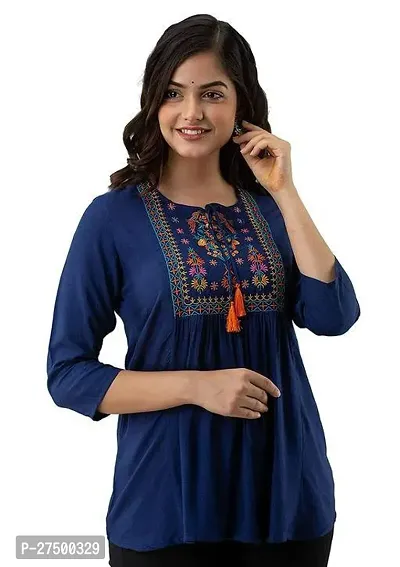 Elegant Navy Blue Viscose Rayon Embroidered Top For Women-thumb0
