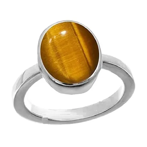 Aanya Gems 8.25 Ratti Natural Tiger Eye Stone Silver Ring Original Certified Tiger?s Eye Ring Oval Cut Gemstone Astrological Silver Plated Ring (16-Indian)