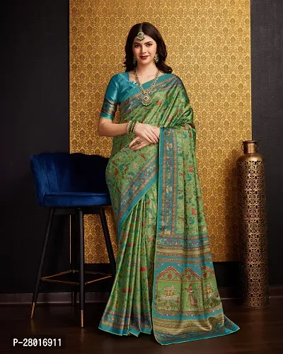 Beautiful Green Satin Printed Saree With Blouse Piece For Women-thumb0
