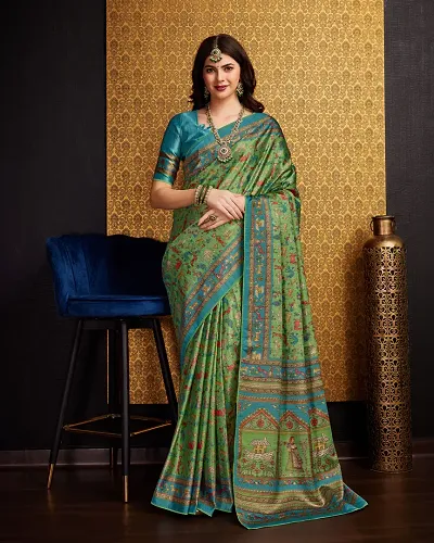 Beautiful Green Satin Printed Saree With Blouse Piece For Women