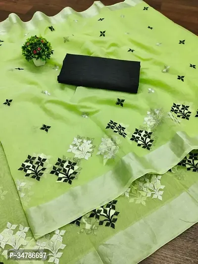 Stylish Green Cotton Silk Saree With Blouse Piece For Women-thumb0