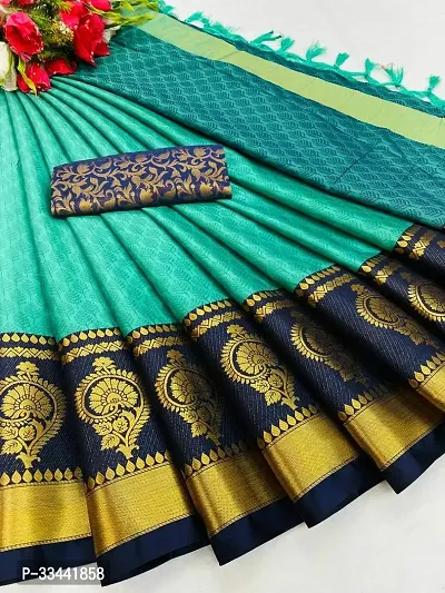 Stylish Sea Green Cotton Silk Printed Saree with Blouse piece For Women-thumb0