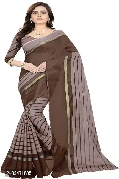 Beautiful Grey Cotton Blend Self Pattern Saree With Blouse Piece For Women-thumb0