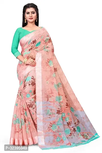 Stylish Peach Cotton Blend Self Pattern Saree with Blouse piece For Women