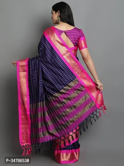 Stylish Navy Blue Cotton Silk Saree With Blouse Piece For Women-thumb3