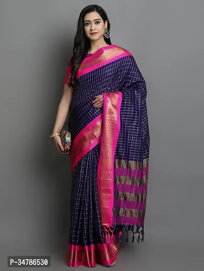 Stylish Navy Blue Cotton Silk Saree With Blouse Piece For Women-thumb0