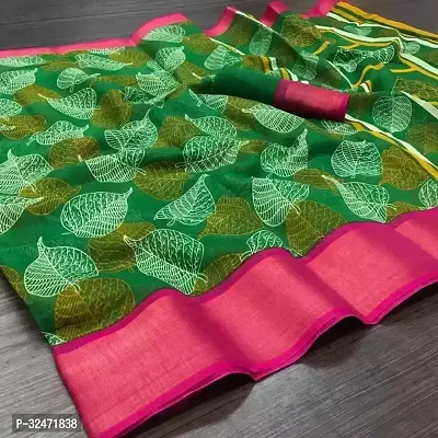 Beautiful Green Cotton Silk Printed Saree With Blouse Piece For Women-thumb0