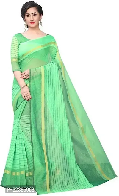 Stylish Green Cotton Silk Striped Saree with Blouse piece For Women-thumb0