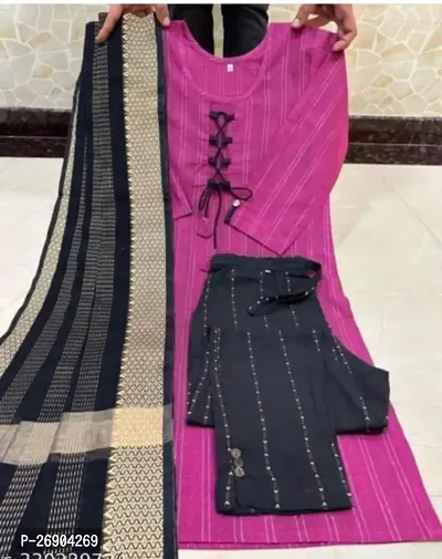 Stylish Cotton Kurta With Dupatta And Bottom Set