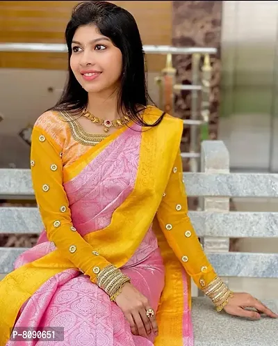 KEMI Silk Palace Women's Banarasi Lichi Silk Saree With Plain Unstitched Blouse (Pink Colour)-thumb2