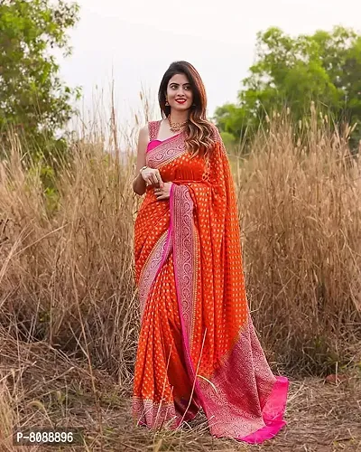 ANJEL Women's Banarasi lichi Silk saree With Blouse piece (orange colour)-thumb5