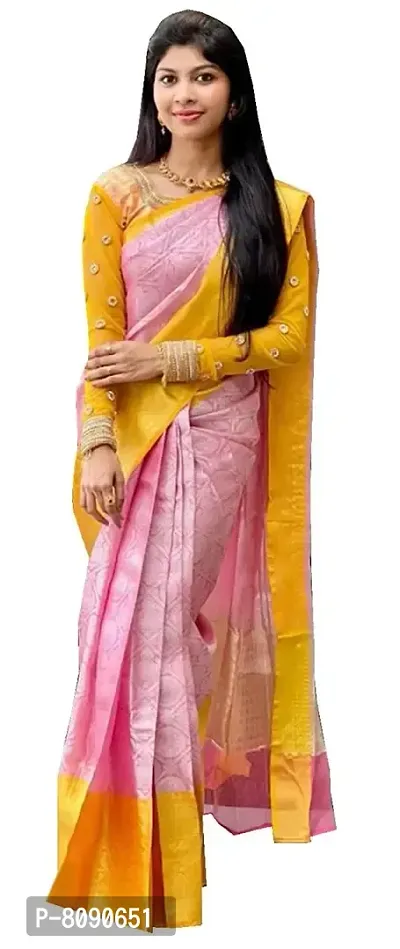 KEMI Silk Palace Women's Banarasi Lichi Silk Saree With Plain Unstitched Blouse (Pink Colour)-thumb0