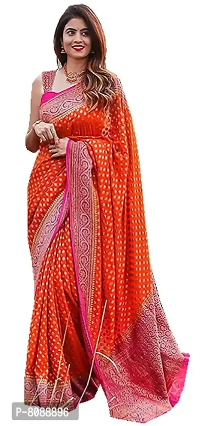 ANJEL Women's Banarasi lichi Silk saree With Blouse piece (orange colour)-thumb0