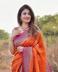 ANJEL Women's Banarasi lichi Silk saree With Blouse piece (orange colour)-thumb1