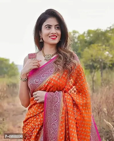 ANJEL Women's Banarasi lichi Silk saree With Blouse piece (orange colour)-thumb2