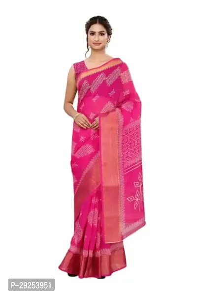 Beautiful Pink Cotton Blend Printed Saree With Blouse Piece For Women-thumb0