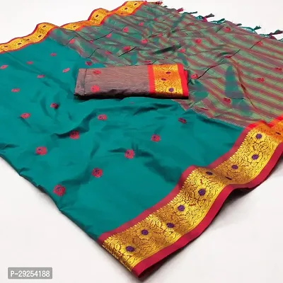 Beautiful Teal Cotton Silk Printed Saree With Blouse Piece For Women-thumb0